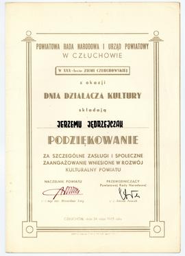 Podziękowanie za zasługi i społeczne zaangażowanie wniesione w rozwój kulturalny powiatu